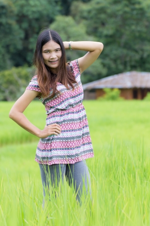 Thai Woman Enjoy in Field Doi inthanon, Maeglangluang Karen villagesの写真素材