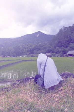 Asian women lonely at green terraced rice field, Mae Klang Luang Chiang Mai Thailandの写真素材