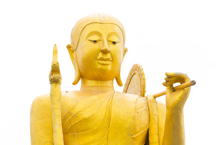 golden thai monk statue Isolated on whiteの写真素材