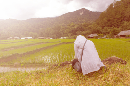 Asian women lonely at green terraced rice field, Mae Klang Luang Chiang Mai Thailandの写真素材
