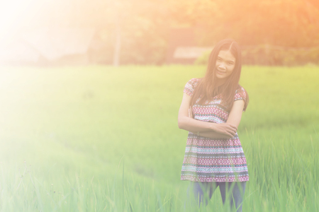 Thai Woman Enjoy in Field Doi inthanon, Maeglangluang Karen villagesの写真素材