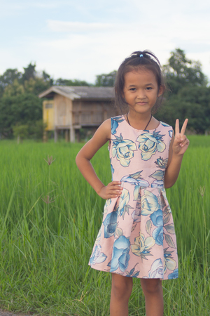 asian children in green rice fieldの写真素材