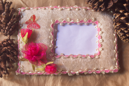 Peper picture frame with Pine cones chrismas still lifeの写真素材