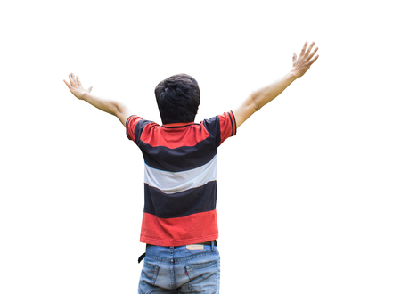 Back young asian man his hands up isolated on whiteの写真素材