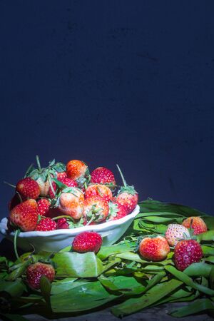 Fresh Strawberry in cup on banana leaf still life painting lightの写真素材