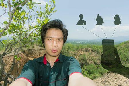 Man Selfie with Doi Tok grand canyon photograph show for internet networkの写真素材