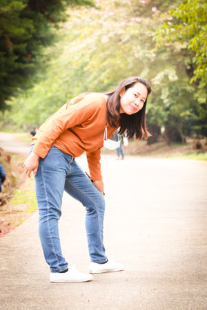 protrait asian woman in the roadの写真素材