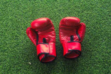red boxing gloves on green backgroundの写真素材