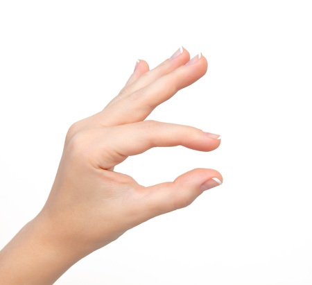isolated woman hand shows the pinch to zoom or holding the objectの写真素材