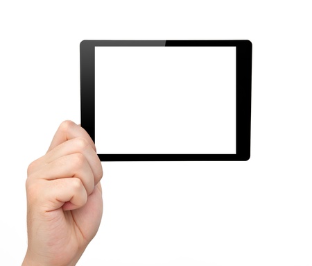 woman hand hold a mini tablet touch pad computer gadget with isolated screen の写真素材
