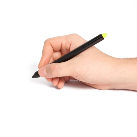 isolated man hand holding a black pencil and something draws or writesの写真素材