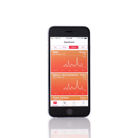 Alushta, Russia - November 11, 2014: New iPhone 6 Space Gray with Apple service Health on the...