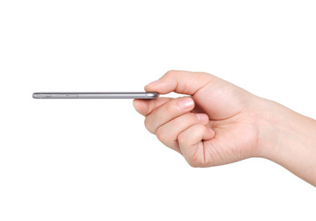 Alushta, Russia - November 13, 2014: Man holding in the hand a new iPhone 6 Space Gray. iPhone 6 was created and developed by the Apple inc.のeditorial素材