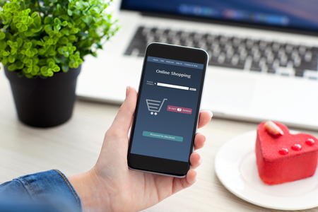 female hands holding phone with app online shopping on the screen and notebookの写真素材