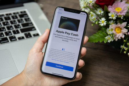 Koh Samui, Thailand - March 23, 2018: Woman hand holding iPhone X with Apple Pay on the screen. iPhone 10 was created and developed by the Apple inc.のeditorial素材