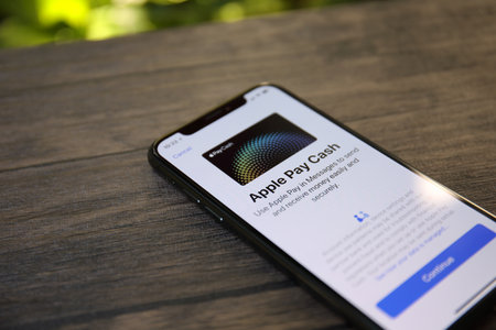 Koh Samui, Thailand - March 22, 2018: iPhone X with Apple Pay on the screen. iPhone 10 was created and developed by the Apple inc.のeditorial素材