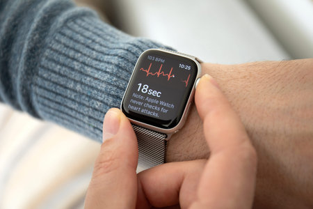 Anapa, Russia - February 17, 2019: Man hand with Apple Watch Series 4 with the ECG app on the...