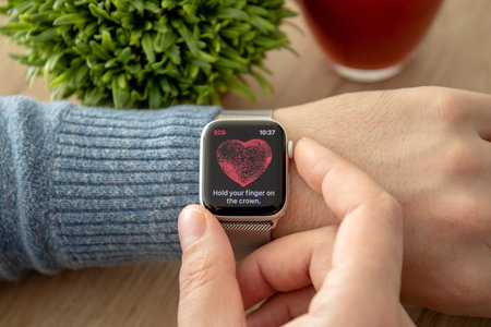 Anapa, Russia - February 17, 2019: Man hand with Apple Watch Series 4 with the ECG app on the...