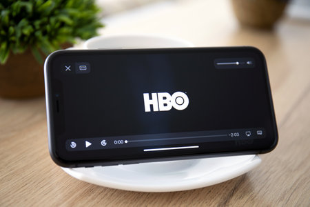 Anapa, Russia - October 2, 2019: Apple iPhone 11 with multinational entertainment company HBO provides streaming media and video on the screen.のeditorial素材
