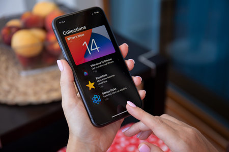 Alanya, Turkey - July 10, 2020: Woman hand holding iPhone 11 with phone call widget on the home...