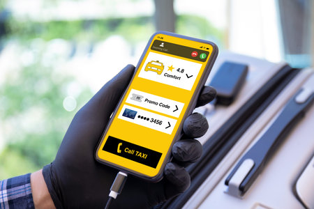 man hand disposable gloves holds phone application call taxi and incoming call on the screen...
