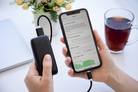Alanya, Turkey - June 6, 2020: Woman hand holding Powerbank RavPower and iPhone 11 with app Battery...