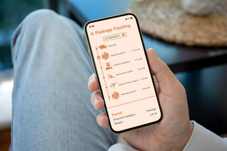 male hands holding phone with app tracking delivery package on screen