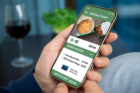 male hands hold phone with food delivery application background room in house