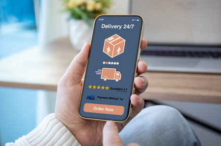 male hands hold phone with parcel delivery application on screen against background of room in house