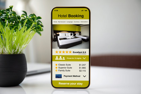 phone with application hotel booking on the screen