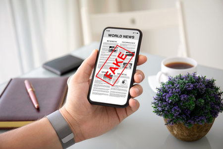 male hands hold phone with business news and word fake on the screen over desk in office