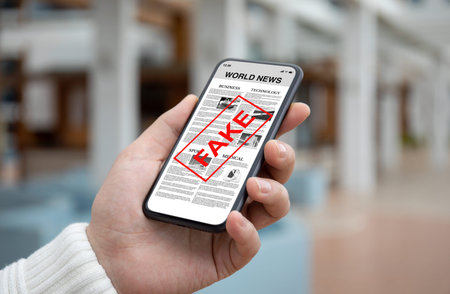 male hands hold phone with world news and word fake on the screen