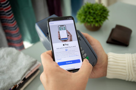 Alanya, Turkey - August 12 2019 : Man hand holding iPhone 8 with Apple Pay on the screen and pay...
