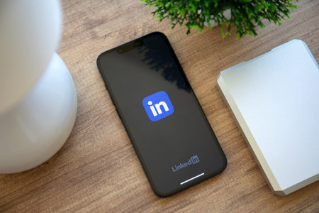 Alanya, Turkey - October 11, 2022: Apple iPhone 14 with app LinkedIn in the screen. iPhone 14 was...