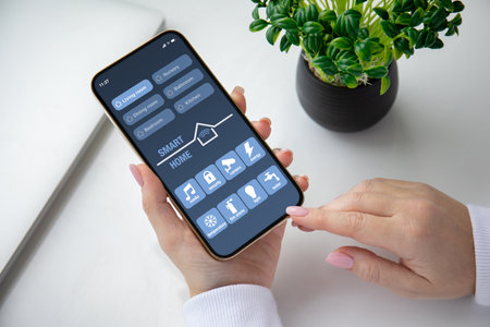 woman hand hold phone with application smart home on screen background of table in apartmentsの写真素材