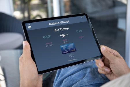 man hands hold computer tablet with airplane ticket application airlines on screen background airportの写真素材