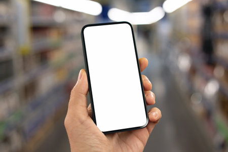 man hand hold phone with isolated screen background shelves with products in supermarketの写真素材