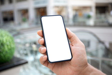 male hand holding phone with isolated screen background of shopping center at airportの写真素材