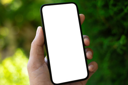 male hand hold phone with isolated screen background of green streetの写真素材