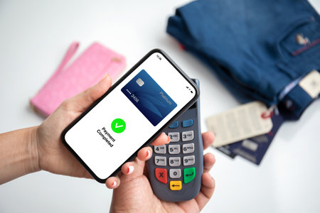 woman hand hold phone with payment card wireless technology nfc via pos terminal in storeの写真素材