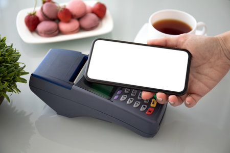 Woman payment purchase for phone with isolated screen and pay pass online terminal in the cafeの写真素材