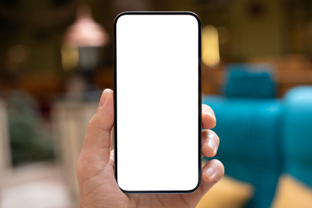 Male hand hold phone with isolated screen background of hotel lobbyの写真素材