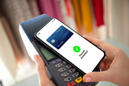 woman hand hold phone with payment card wireless technology nfc via pos terminal in storeの写真素材
