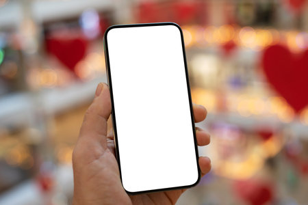 Man hand hold phone with isolated screen background of holiday lights and red heartsの写真素材
