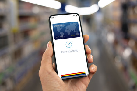 man hand hold phone with face scanning ID on the screen background shelves with products in supermarketの写真素材