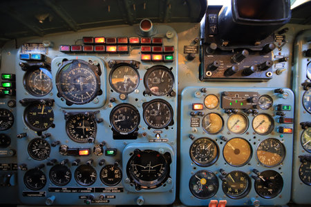Dashboard vintage cockpit airplane close up Yak-40