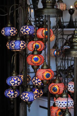 Traditional vintage Turkish lamps lights at the marketの写真素材