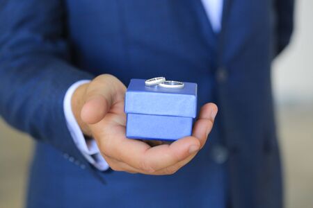 Wedding rings in a man's handの写真素材