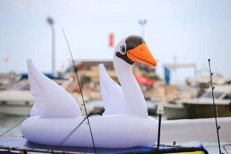 Inflatable circle white swan on the boat close-upの写真素材