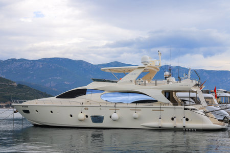Budva, Montenegro - 13 july, 2021: Luxury yacht "Azimut 85" in the Dukley Marina at summerのeditorial素材